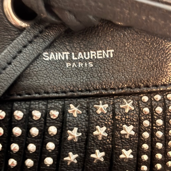 Saint Laurent Emmanuelle Small Black Leather Star Studded Fringe Bucket Bag